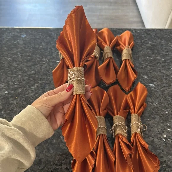 Set of 10 Fall Burnt orange With burlap custom made napkin setting/ set of 10 - Picture 3 of 4